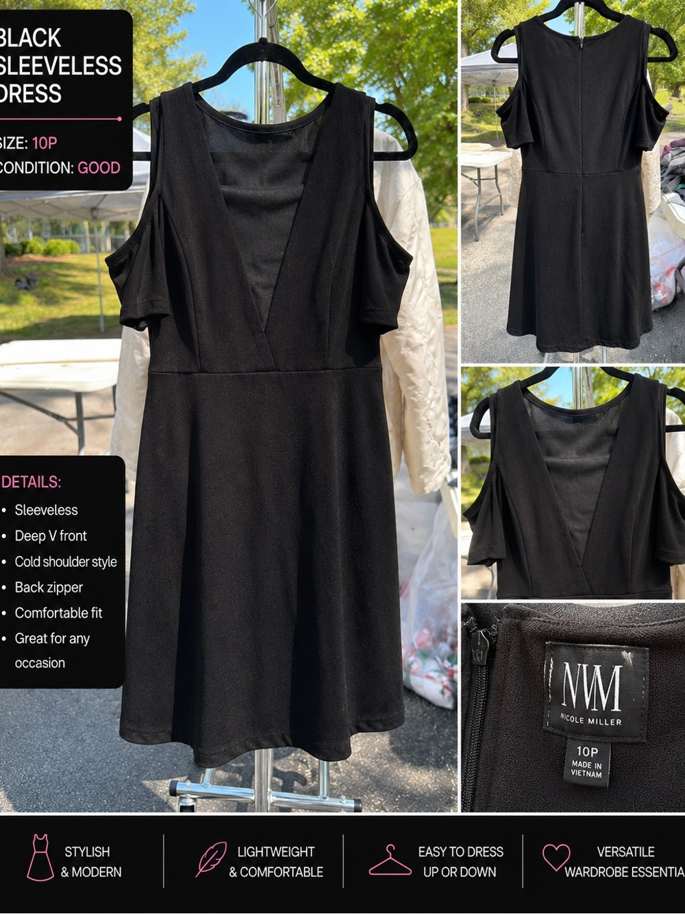Nicole Miller Black Cold-Shoulder V-Neck Mini Dress